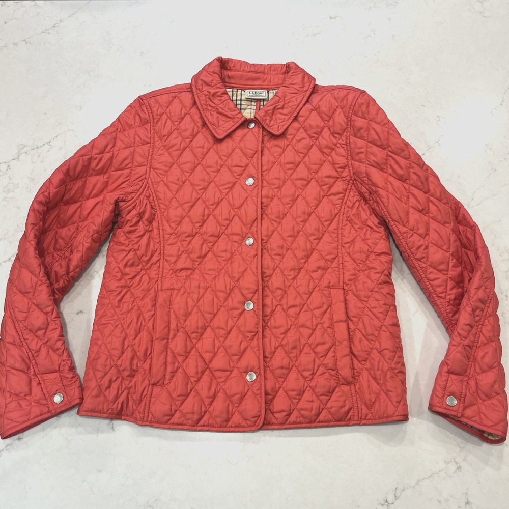 LL BEAN Womens M Coral Pink Quilted‎ Riding Chore Jacket Snap Collar Outdoor